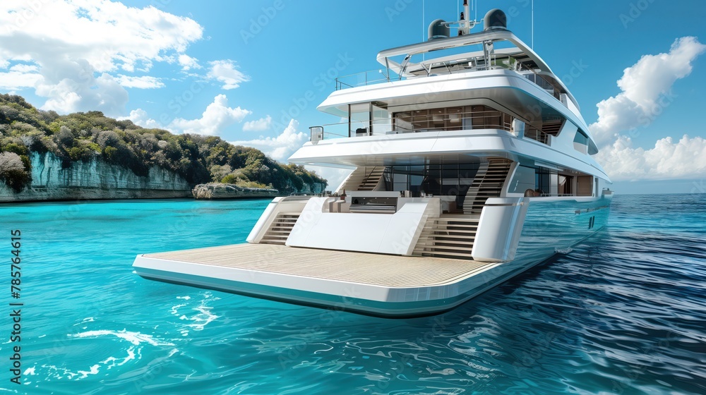 Obraz premium Luxury Lifestyle Photography of an Opulent Yacht at a Rocky Cove. Modern Superyacht Anchored in Turquoise Waters by Limestone Cliffs.