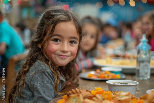 A happy young girl with long wavy hair smiles at the camera  with a plate of colorful food