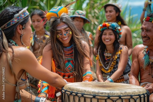 A group of indigenous people laughing and playing a drum in a celebration, showcasing cultural attire © Larisa AI