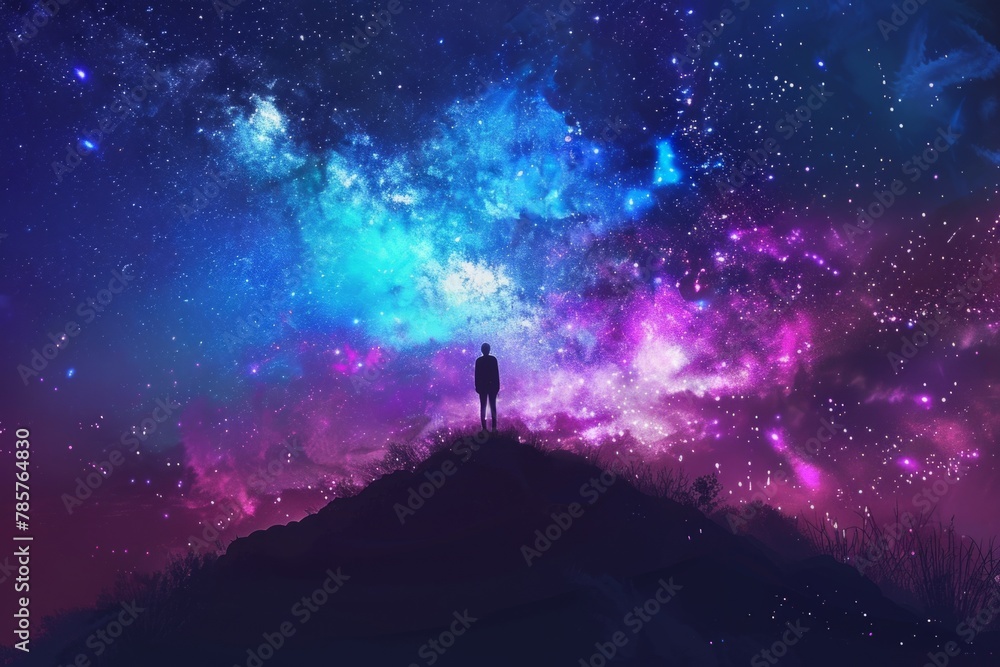 starry night, silhouette of person standing on hill looking up at the stars, vibrant colors, fantasy landscape Generative AI