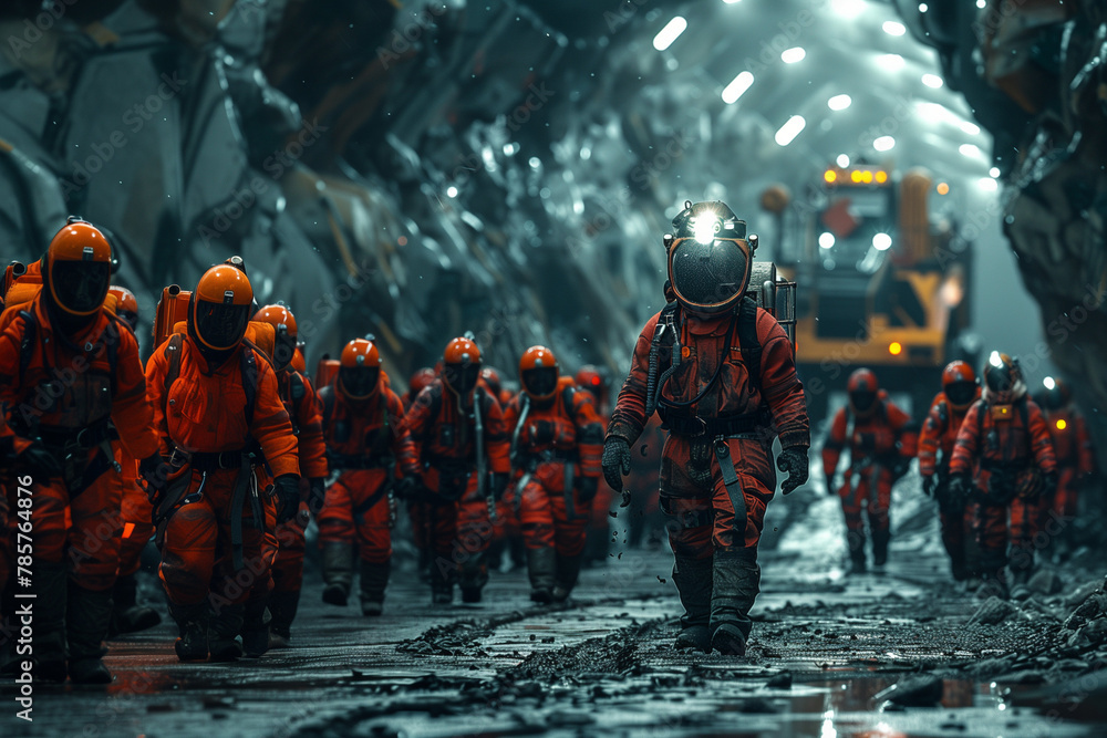 A group of futuristic orange space explorers in spacesuits and helmets, walking through an industrial alien mining complex with heavy machinery on the right side, cinematic movie scene, epic scifi sty