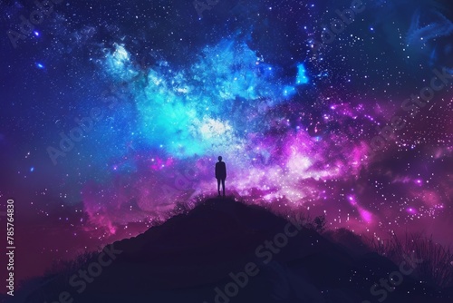 starry night, silhouette of person standing on hill looking up at the stars, vibrant colors, fantasy landscape Generative AI