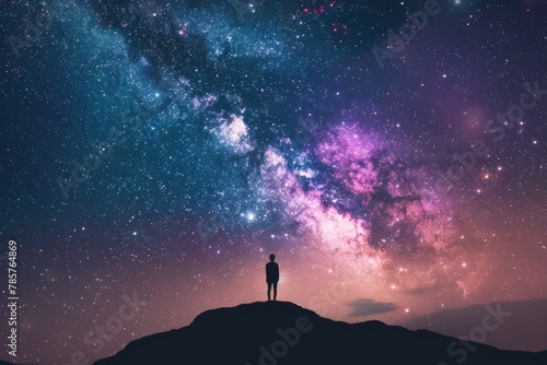 starry background with silhouette of person standing on hill looking at night stars in colorful galaxy Generative AI