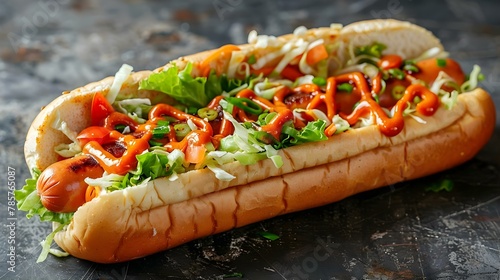 Fusion Feast: Banh Mi Hot Dog with Fresh Veggies & Zesty Sauce. Concept Food recipe, Fusion cuisine, Banh Mi, Hot dog, Fresh veggies, Zesty sauce photo