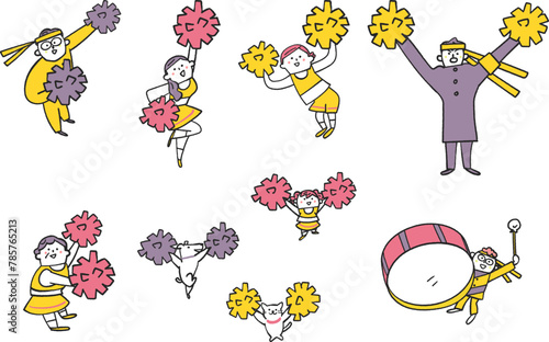 ポンポンを持って応援する人々　やや俯瞰図　イラスト素材	
