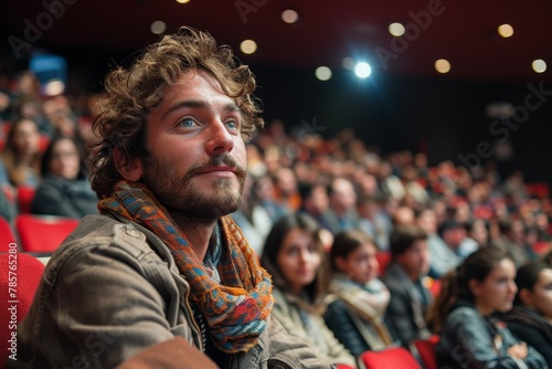 Enthusiastic young male spectator focused on a presentation or performance in an auditorium setting