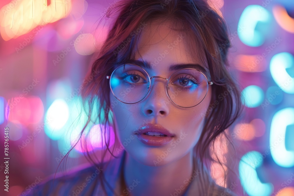 Woman's beauty portrait with vibrant neon lighting and stylish round glasses Woman's beauty portrait with vibrant neon lighting and stylish round glasses