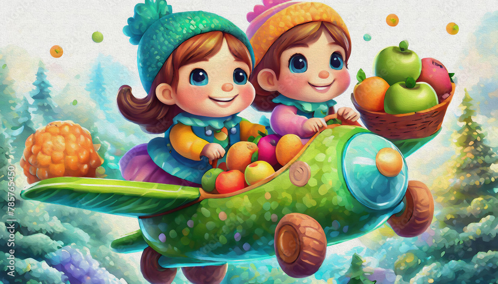Obraz premium oil painting style cartoon character cute baby kids ride stylish green plane isolated on white background