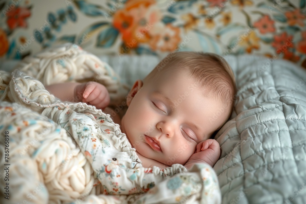 A peaceful shot of a sleeping baby snugly wrapped in a floral blanket with soft natural lighting and a sense of serenity A peaceful shot of a sleeping baby snugly wrapped in a floral blanket with soft natural lighting and a sense of serenity