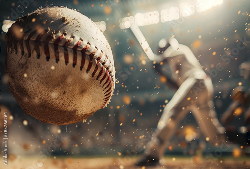 A close-up action shot of a worn baseball mid-flight with dirt particles scattering against a blurred backdrop of a focused batter ready to swing. photo