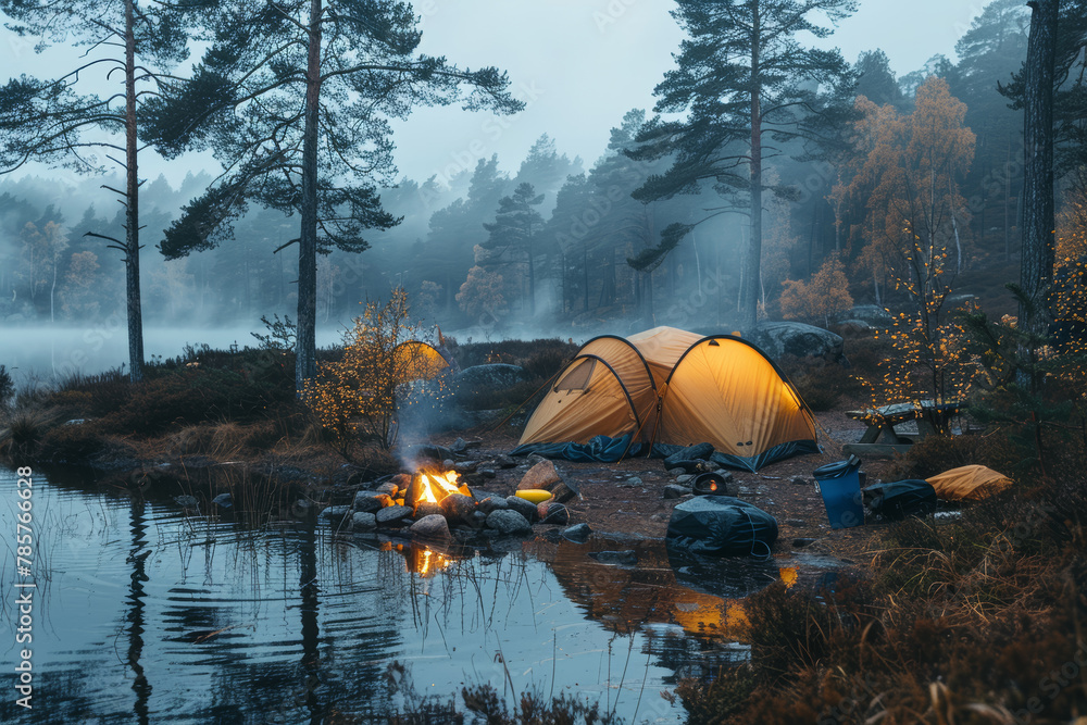 Parents and children pitching tents and setting up camp in a forest clearing, cooking meals over a crackling campfire. Concept of outdoor camping and wilderness exploration. Generative Ai.