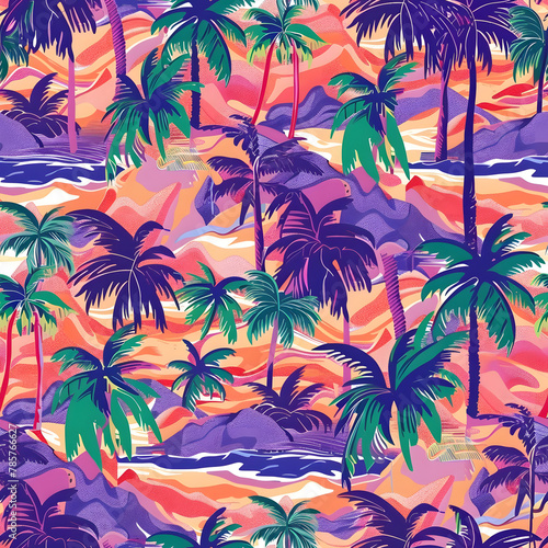 Vibrant Tropical Landscape Seamless Pattern background Illustration, Design for fashion,fabric,web,wallaper,wrapping