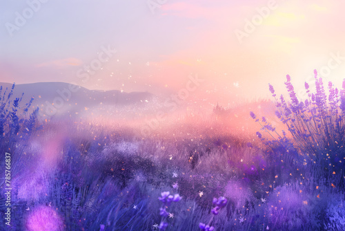 Captivating digital art of a lavender field at sunset, evoking tranquility with gentle hues of purple and blue, subtle gradients, and delicate textures.