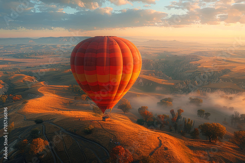 A family enjoying a scenic hot air balloon ride together, drifting gracefully over rolling hills and picturesque landscapes. Concept of breathtaking aerial views and family adventure. Generative Ai.