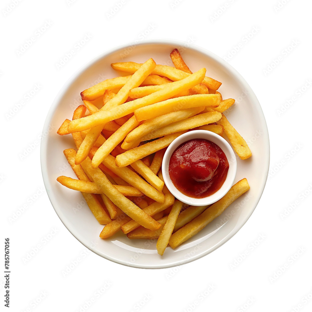 Plate of french fries and ketchup isolated on transparent background Plate of french fries and ketchup isolated on transparent background