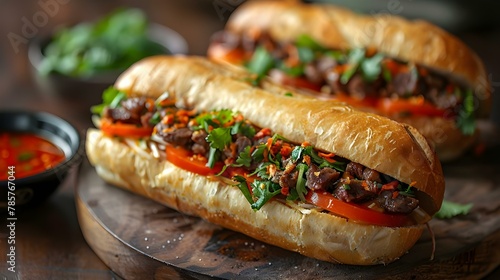 Savory Banh Mi Delight with Fresh Herbs & Meat. Concept Vietnamese Cuisine, Street Eats, Flavorful Ingredients, Fusion Recipes