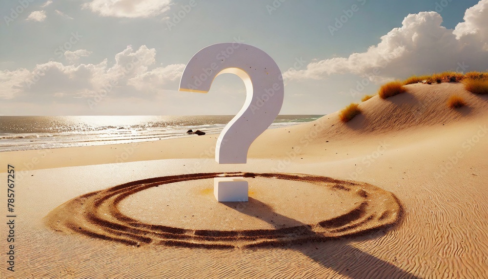 Obraz premium Art drawn on a sandy beach with a large white question mark in the center surrounded by a circle