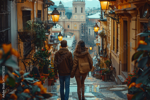 A couple exploring a new city together, wandering through historic streets and discovering hidden gems. Concept of urban exploration and adventure. Generative Ai.