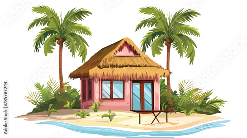 Beach house cartoon. Straw and wood island hut