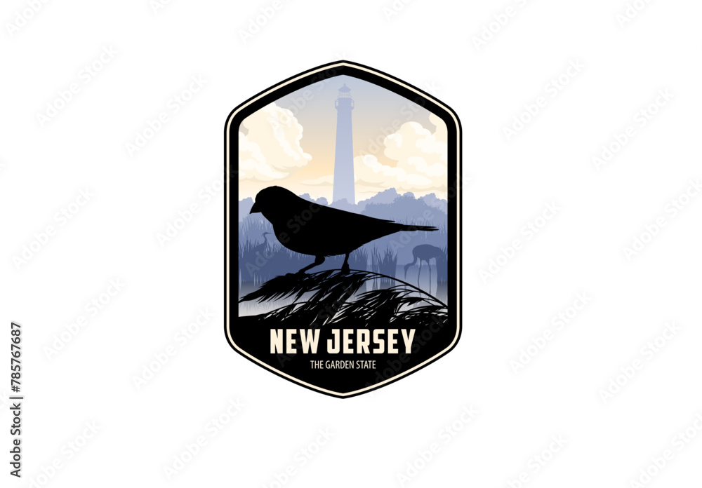 Obraz premium New Jersey vector label with Eastern Goldfinch near Cape May Lighthouse