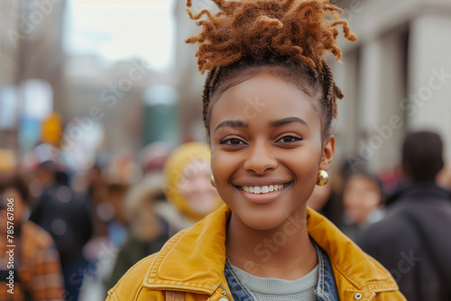 Young Woman Smiling with Yellow Jacket at Protest