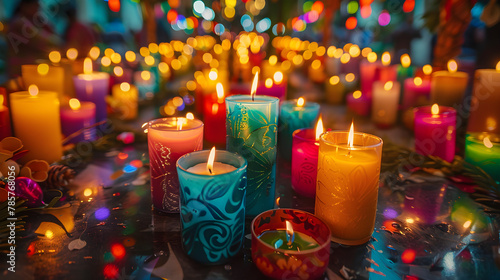 Candles and lanterns of all colors fill the night, officially beginning Christmas with magic. Perfect for greeting cards, posters, and holiday banners. photo