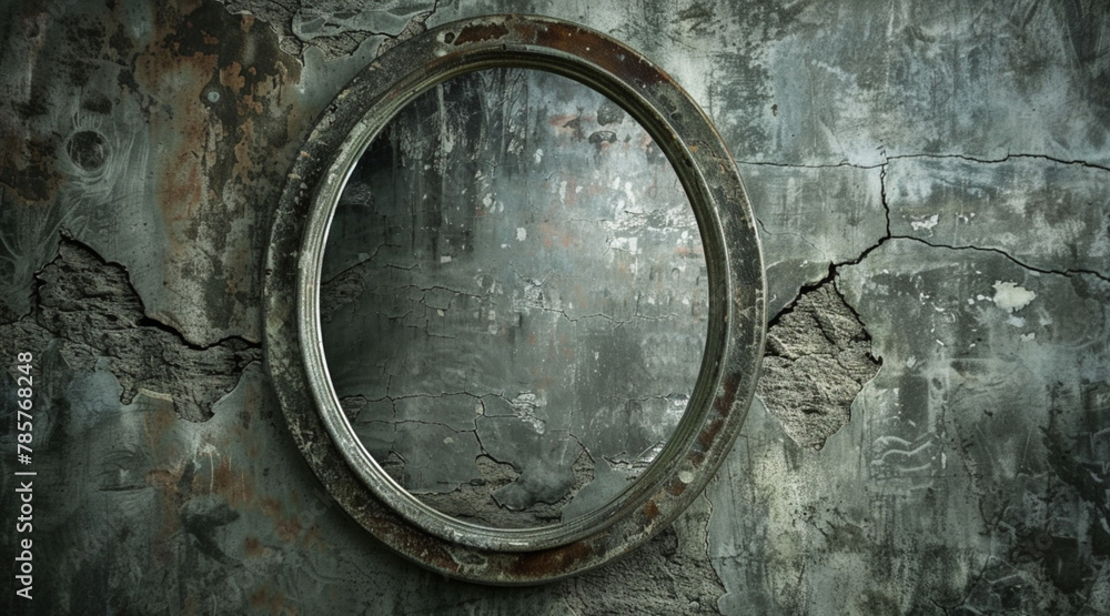 Sad mirror reflecting miracles and the universe, and that the miracles and the universe are seen inside the mirror, that the mirror is grayish in color and that it is leaning on a gray wall