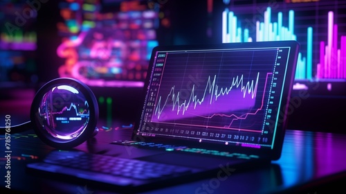 Data analysis and search engine optimization (SEO) visualized through a magnifying glass, charts, and graphs on an ultraviolet and neon screen.