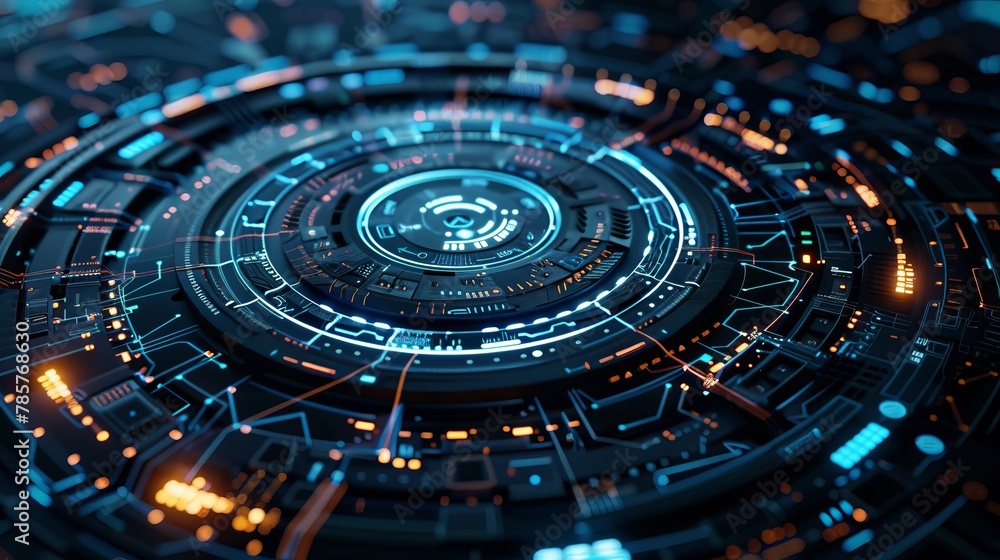 A futuristic, high-tech circular interface background is depicted A futuristic, high-tech circular interface background is depicted