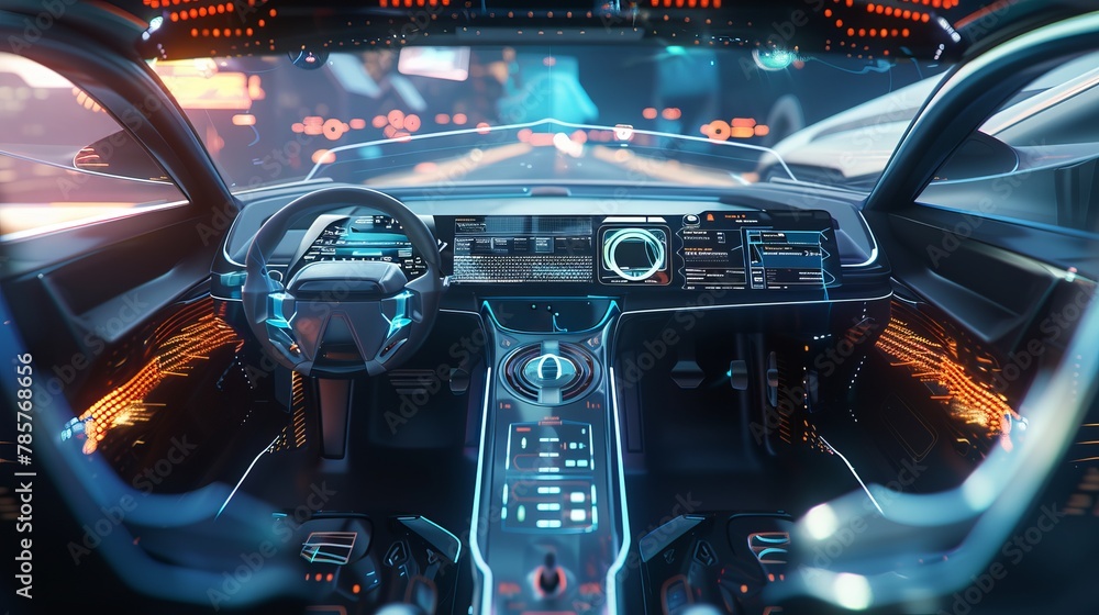 A futuristic vehicle is integrated with a graphical user interface (GUI), showcasing an intelligent car with a heads-up display (HUD) and IoT connectivity A futuristic vehicle is integrated with a graphical user interface (GUI), showcasing an intelligent car with a heads-up display (HUD) and IoT connectivity