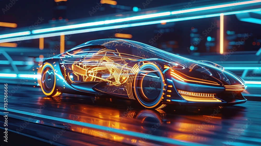 A futuristic vehicle is integrated with a graphical user interface (GUI), showcasing an intelligent car with a heads-up display (HUD) and IoT connectivity