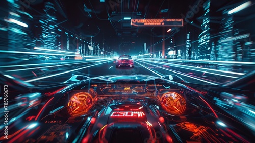 A futuristic vehicle is integrated with a graphical user interface (GUI), showcasing an intelligent car with a heads-up display (HUD) and IoT connectivity photo