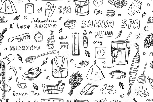 Seamless pattern of sauna and spa theme in doodle style. Wellness, relaxation, enjoy, joy, bathhouse. Hand drawn. Great for banner, posters, stickers and professional design.