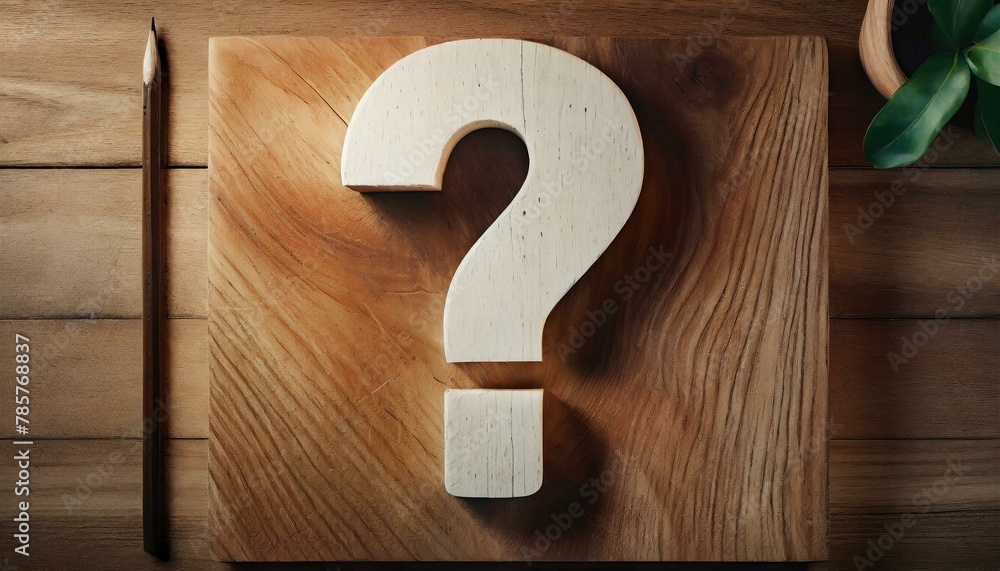 Art drawn on a wooden board with a large white question mark in the center Art drawn on a wooden board with a large white question mark in the center