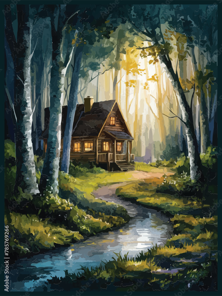 Depicting a cozy cabin nestled in a dense forest vector illustration by the soft glow of sunlight landscape Depicting a cozy cabin nestled in a dense forest vector illustration by the soft glow of sunlight landscape
