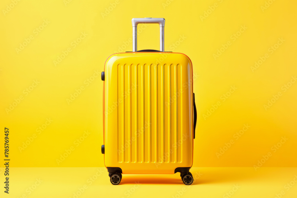 Yellow travel suitcase on wheels on a yellow background. Travel, vacation concept. Yellow travel suitcase on wheels on a yellow background. Travel, vacation concept.