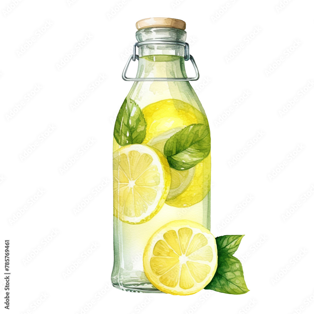 Watercolor Bottle of Lemonade with Lemon Slices and Mint Leaves Watercolor Bottle of Lemonade with Lemon Slices and Mint Leaves