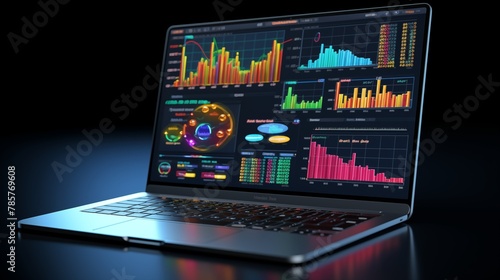 Finance analytics dashboard management showcased on a 3D laptop against a neon-colored background.