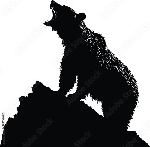 Black and white angry growling bear silhouette on a rock, Vector icon, logo, sign isolated on transparent background. Vector illustration	 photo
