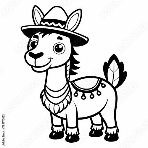SVG llama Vector camel wearing native american hat clipart, coloring book page for kids, cute, black and white cartoon camel , white background
