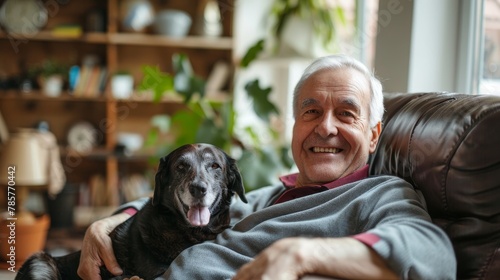 Portrait of an older man relaxing at home with his dog, smiling at the camera