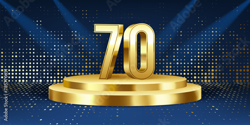 70th Year anniversary celebration background. Golden 3D numbers on a golden round podium, with lights in background. photo