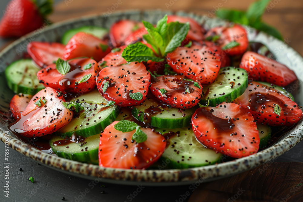 A refreshing cucumber and mint salad served with a side of dark chocolate-dipped strawberries, providing a surprising burst of flavor contrast.  Generative Ai.