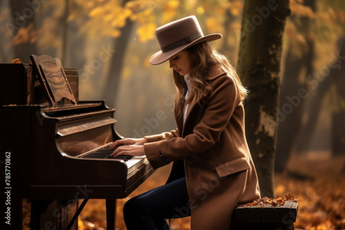 A pianist in a hat plays a piano amidst the woods photo