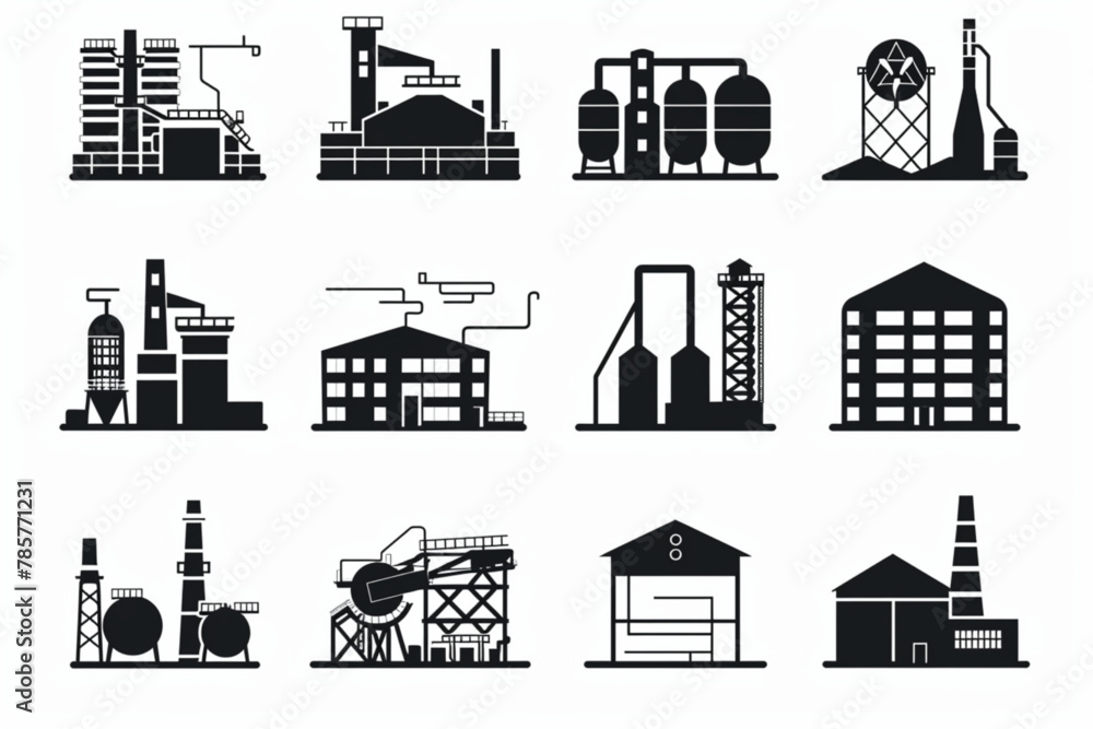Factory icon set. Containing industry, production, machine, manufacture, warehouse, fabrication, goods and more. Solid vector icons collection. vector icon, white background, black colour icon