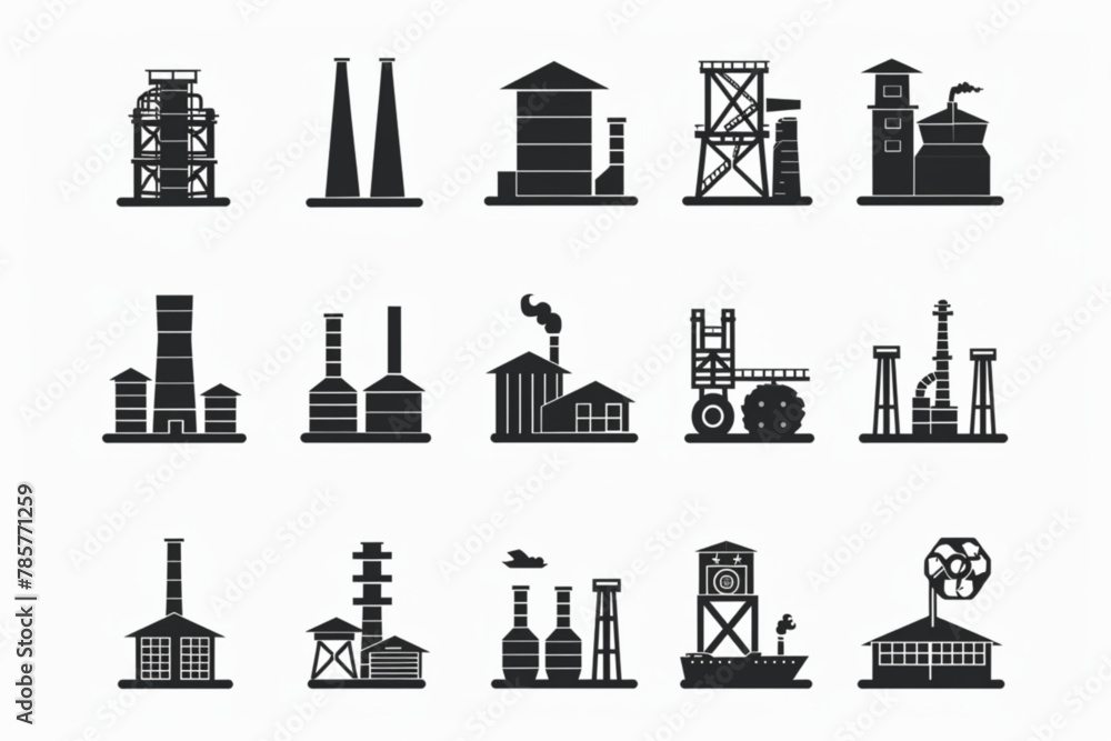 Factory icon set. Containing industry, production, machine, manufacture, warehouse, fabrication, goods and more. Solid vector icons collection. vector icon, white background, black colour icon