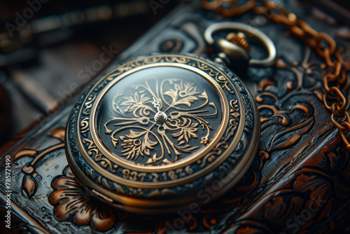 A vintage-inspired pocket watch with intricate engraving and a mechanical movement  evoking nostalgia and timeless elegance. Concept of vintage accessories and heirloom pieces. Generative Ai.