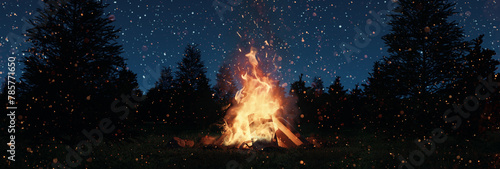 big bonfire with sparks and particles in front of spruce trees and starry sky. 3D Rendering