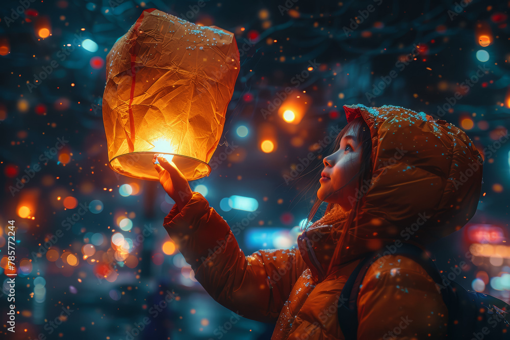 A person releasing a lantern into the night sky, symbolizing the freedom of releasing worries and fears. Concept of emotional liberation and serenity. Generative Ai. - obrazy, fototapety, plakaty 