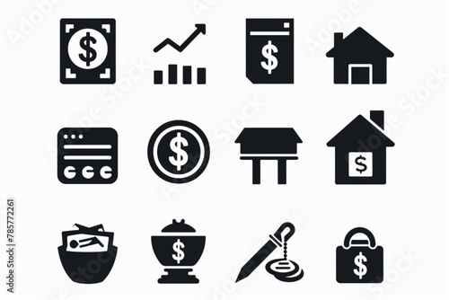 Finance icon set. Containing loan, cash, saving, financial goal, profit, budget, mutual fund, earning money and revenue icons. Solid icons collection. vector icon, white background, black colour icon